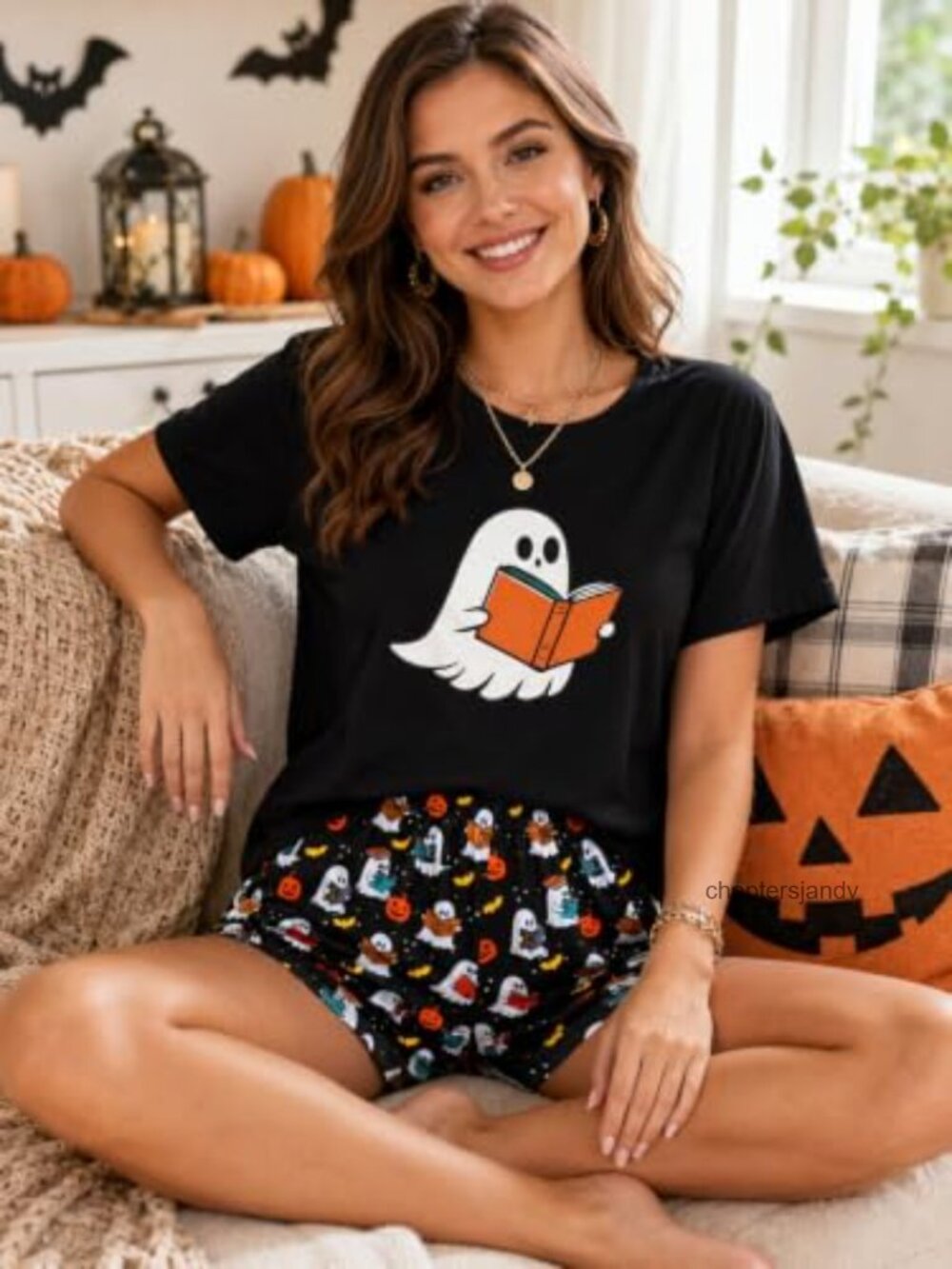 UNIQUEONE Women Halloween Pajama Set Ghost Short Sleeve Sleepwear Lounge Set - Picture 3 of 6